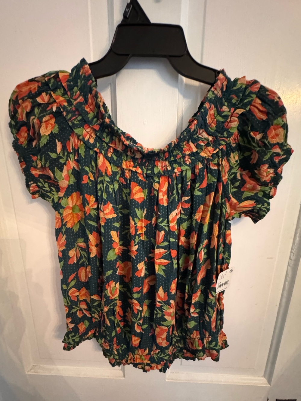 Free People Green Floral Smocked Off-Shoulder Top